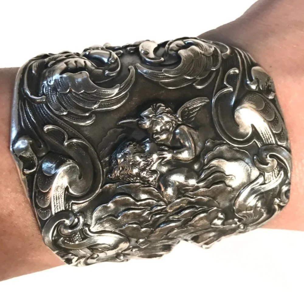 Kissing Cherub Wide Sterling Silver Cuff Bracelet Unger Brothers Angel Putti